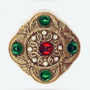 Vintage ACCESSOCRAFT NYC Square Gold Tone Red & Green Cabochon Brooch Or Pendant